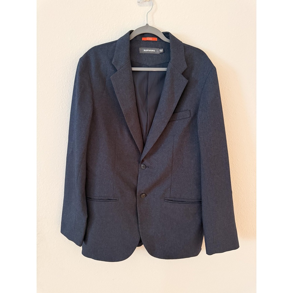 Bluffworks Blazer Suit Jacket Mens 44L Charcoal Classic Polyester Travel NYC USA